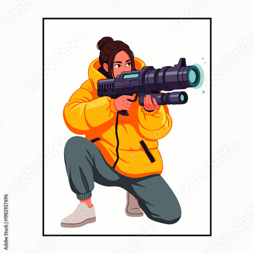 Young woman in a yellow puffer jacket aiming a futuristic weapon, digital art illustration, action pose