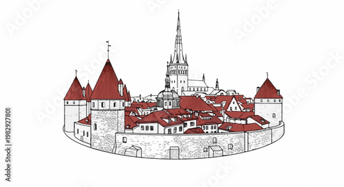 Stylized illustration of a historic walled city with red rooftops and towers
