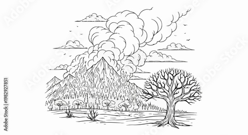 Volcanic eruption spewing smoke and fire into the sky above landscape