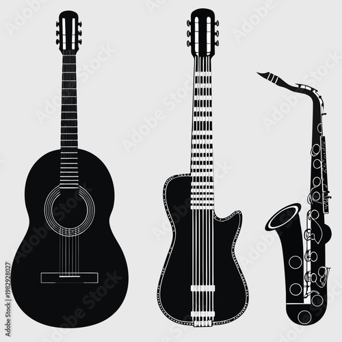 Vector silhouette set of acoustic guitar, electric bass, and saxophone musical instruments.
