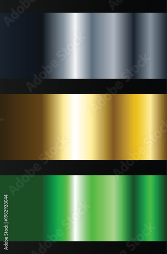Metallic gradient banner set. Silver gold and green horizontal strips on black background. Shiny textured bars for luxury design.