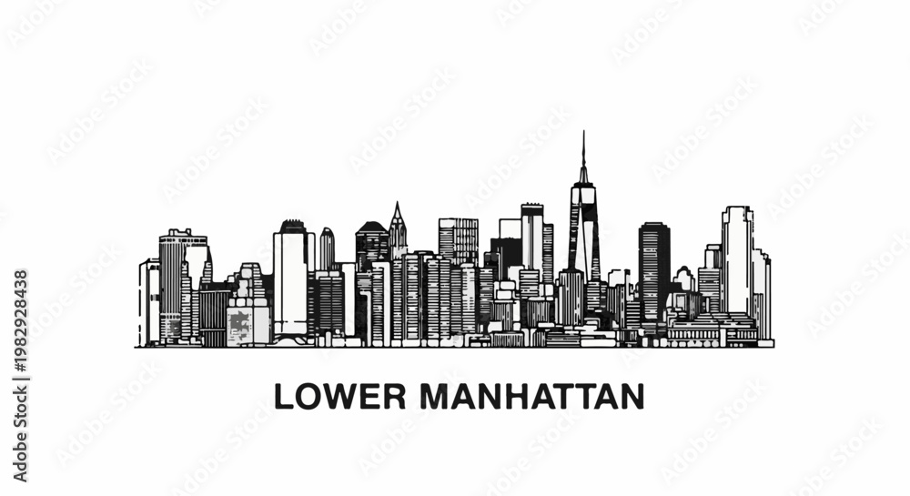 Fototapeta premium Stylized line art illustration of a densely packed skyscraper cityscape with text below