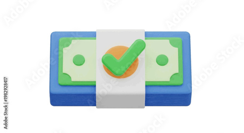 Vector illustration of 3d render of a stack of cash with a green checkmark icon on a transparent background