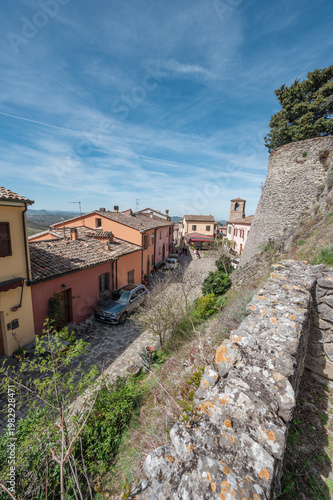 Italy, 10 April 2026: Medieval village Montebello with Azzurrina castle on hilltop, Valmarecchia landscape Rimini Emilia Romagna, historic borgo architecture, scenic view
