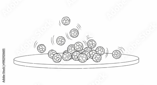 A collection of soccer balls bouncing and tumbling on a flat surface