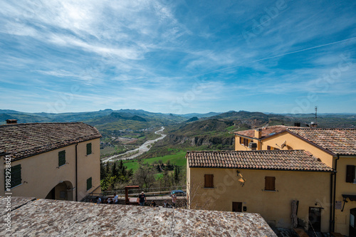 Italy, 10 April 2026: Medieval village Montebello with Azzurrina castle on hilltop, Valmarecchia landscape Rimini Emilia Romagna, historic borgo architecture, scenic view