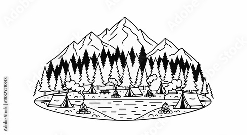 Mountain campsite with tents, trees, and campfires by a lake