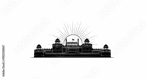 Ornate fortress silhouette against a sunburst with a flag atop