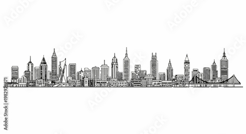 Sketchy cityscape with varied skyscrapers and a bridge