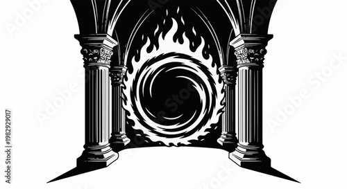Ornate pillars frame a swirling vortex portal engulfed in flames