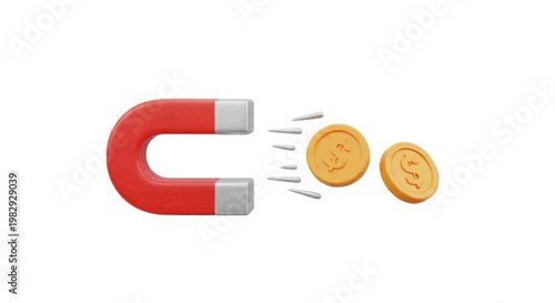 Vector illustration of 3d illustration of a red magnet attracting gold coins on a transparent background