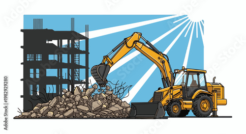 Yellow excavator demolishes a building with a pile of debris