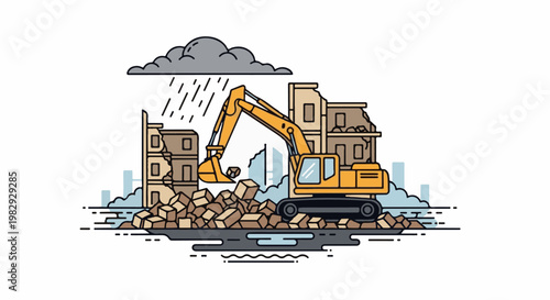 Yellow excavator demolishes building during rainy weather, debris piled high