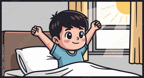 Young boy stretches arms up while waking up in bed to bright sun