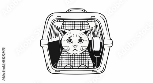 Sad cat in a carrier looking worried