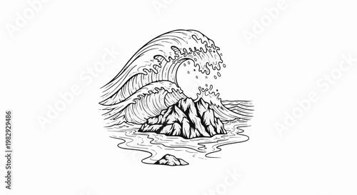 A striking black and white illustration depicts a large wave crashing over rocks