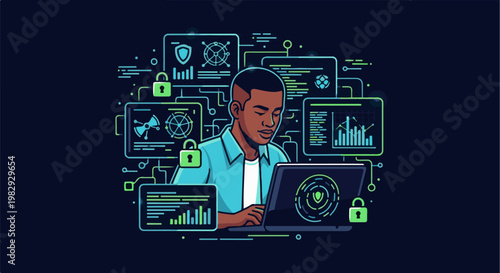 Young man focused on laptop surrounded by digital security screens