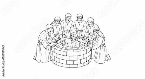 Men surround a person submerged in a brick well, with water around them