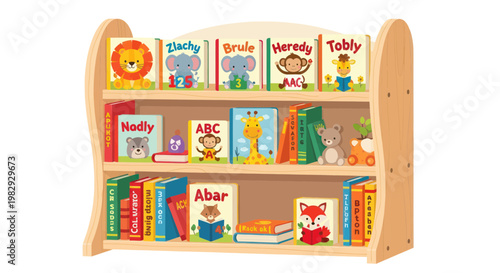 Children's Bookshelf with Cute Animal Characters and Colorful Books