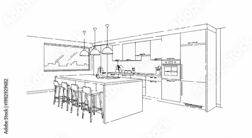 Modern kitchen sketch with island, stools, and city view window