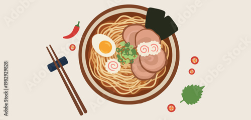 japanese ramen noodle bowl with egg and pork, hand drawn delicious asian food illustration, aesthetic food lover kitchen wall art, modern simple flat vector food design, professional restaurant menu g