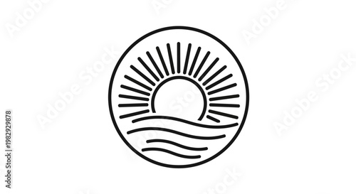 Minimalist sun and sea wave line art icon in circle