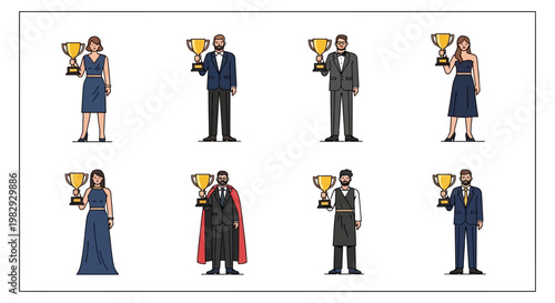 Diverse group of winners holding golden trophy awards vector