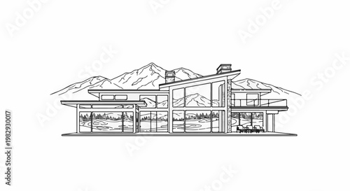 Modern architectural design of a multi-level house with large windows and scenic mountain backdrop