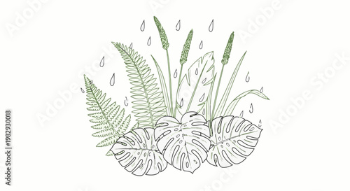 Lush foliage, including ferns and monstera leaves, with gentle raindrops falling