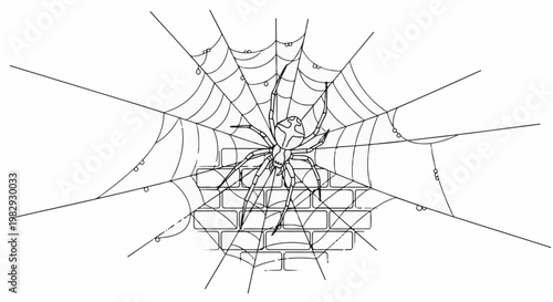 Spider on web, intricate detail against brick wall backdrop, abstract