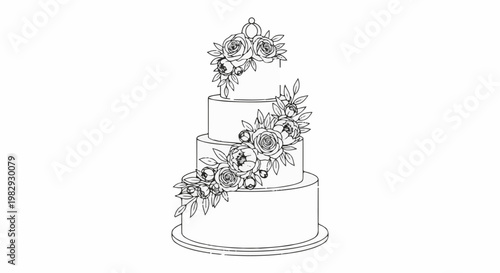 Elegant three-tier cake adorned with delicate floral arrangements