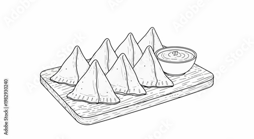 An artistic sketch of triangular savory pastries served with dipping sauce