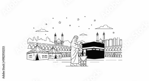 Line art shows Kaaba, minarets, tents and a person praying under stars