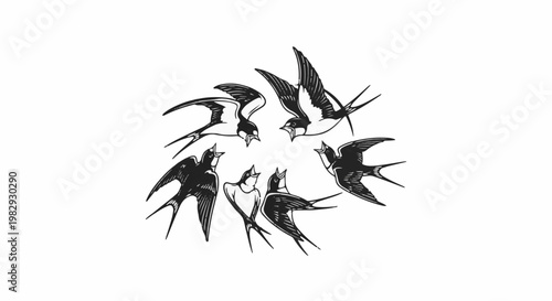 Flock of stylized swallows in flight arranged in a circular pattern