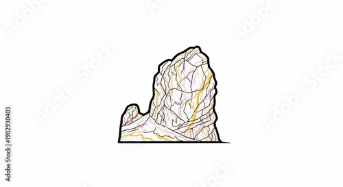 Stylized illustration of a craggy, weathered rock formation with intricate lines