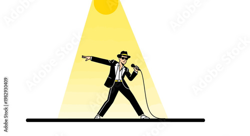 Male Singer in Suit Performing Under Spotlight Vector Illustration