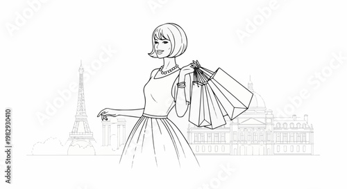 Fashionable woman with shopping bags in front of Parisian landmarks
