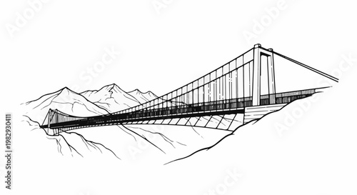 Ink sketch of a suspension bridge spanning a valley with mountains in the background