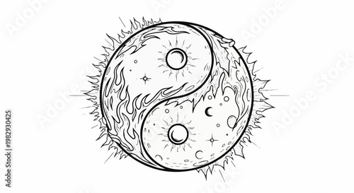 Celestial yin yang with sun, moon, stars, and cosmic flames
