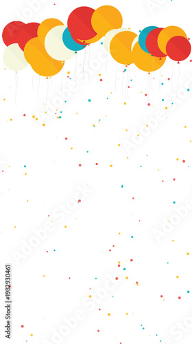 Colorful party balloons with falling confetti