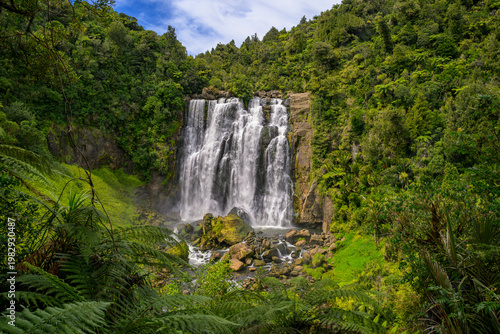 Marokopa falls plunging through lush New Zealand forest