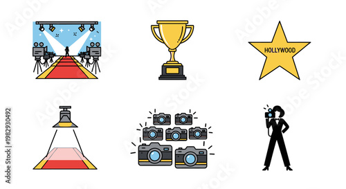 Movie Award Ceremony and Red Carpet Event Icon Set