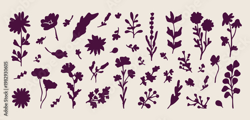 purple wildflower silhouette seamless pattern, hand drawn botanical field flowers background, minimalist nature floral textile design, aesthetic purple meadow plants wallpaper, modern simple botanical