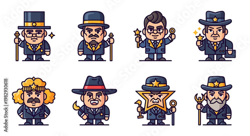 Set of Cartoon Businessman and Magician Characters in Suits