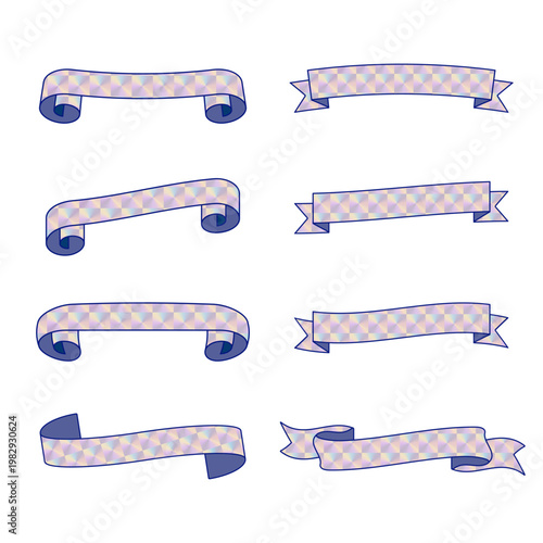 パステルホログラフィックな幾何学模様のリボンバナーイラストセット、見出しやタイトル用のカールリボンと旗型バナー8種、Y2Kデザインやテック系プロモーションに使える装飾ベクターパーツコレクション