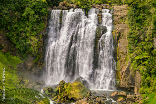 Marokopa Falls plunging through lush green forest, New Zealand