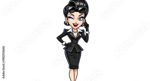 Stylish Cartoon Businesswoman Winking in Retro Black Suit