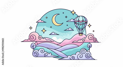 Whimsical hot air balloon floats above pastel hills under a crescent moon and stars