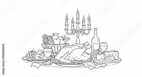 Festive feast with roast fowl, grapes, cheese, fruit, wine, and lit candelabra