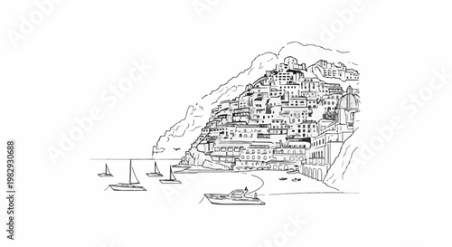 Coastal town with buildings cascading down a cliff, boats offshore